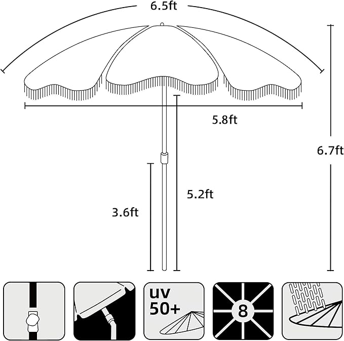 AMMSUN Boho Fringe Umbrella with Outdoor Blanket, 6.5ft UPF50+ Picnic Umbrella with Tassels with Steel Pole & Push Button Tilt, Antique White