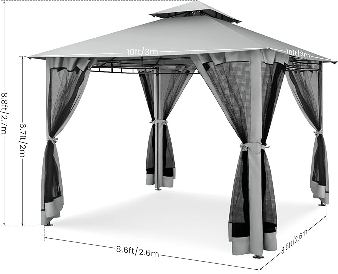 COBIZI Gazebo 10x10 Heavy Duty Gazebos with Improved Nettings Outdoor Gazebo Double Roof Patio Gazebos with Metal Steel Frame Outdoor Canopy for Patio, Deck, Backyard (Gray)