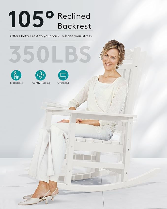 SERWALL Outdoor Rocking Chair Set of 6, Patio Rocking Chair Sets, HDPE Rocking Chair for Adults, White