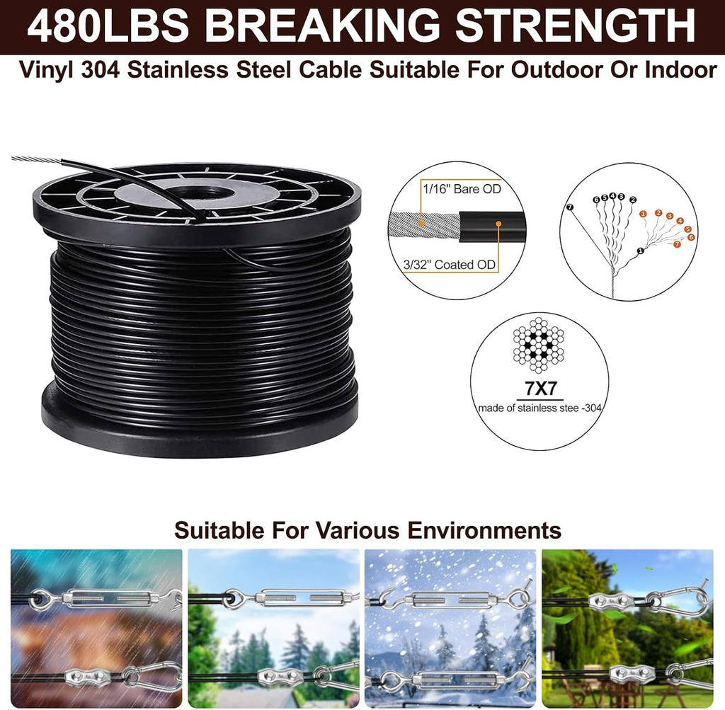 String Light Hanging Kits, 450FT Coated Stainless Steel 304 Wire Rope, Outdoor Black Guy Wire kit w/Expansion Hook, Enough Accessories, Humanized Collocation