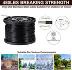 String Light Hanging Kits, 450FT Coated Stainless Steel 304 Wire Rope, Outdoor Black Guy Wire kit w/Expansion Hook, Enough Accessories, Humanized Collocation