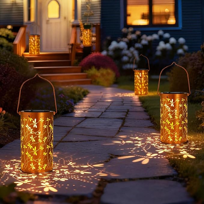 4 Pack Solar Lanterns Outdoor Hanging Lantern Lights, Dragonfly Hollowed-Out Metal Decor Lantern, Waterproof LED Decorative Garden Light - Delicate Garden Decoration for Patio, Yard