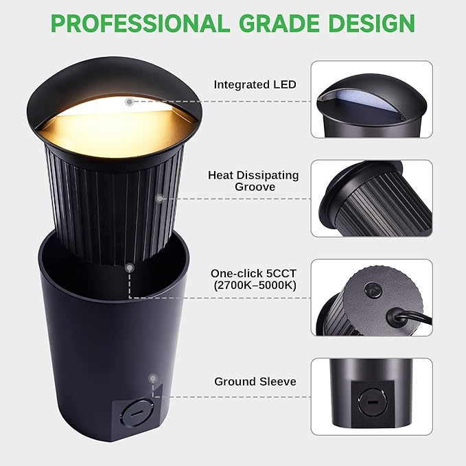 Low Voltage LED Well Landscape Lights - 12V Outdoor IP67 Ground Light, 5 Color Temperature Selectable In-Ground Light, ORB Aluminum for Path Backyard House 3W 170LM 8 Pack