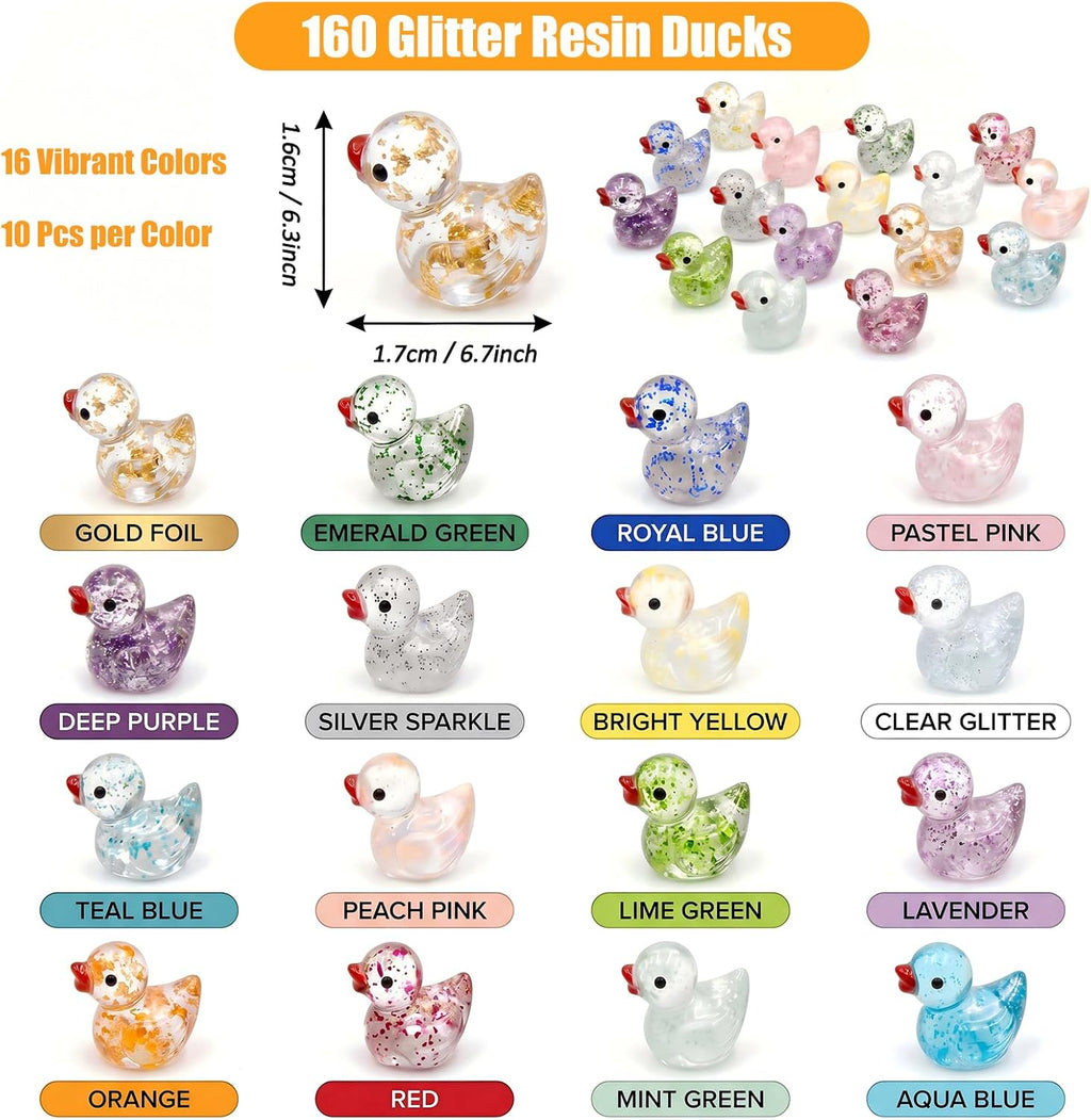 160 Pcs Mini Glitter Resin Ducks Non-Glow, 16 Colors Tiny Ducks to Hide Small Plastic Ducks Little Ducks for Fairy Garden Aquarium Micro Landscape Desk Decor DIY Crafts