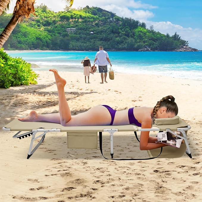 ABORON 3 in 1 Sun Tanning Chair Oversized with Mat&Face Arm Hole, Heavy Duty Folding Chaise Lounge Chairs, 5-Position Outdoor Lounge Chair/Pillow, for Beach, Pool, Lawn, Yard, Patio