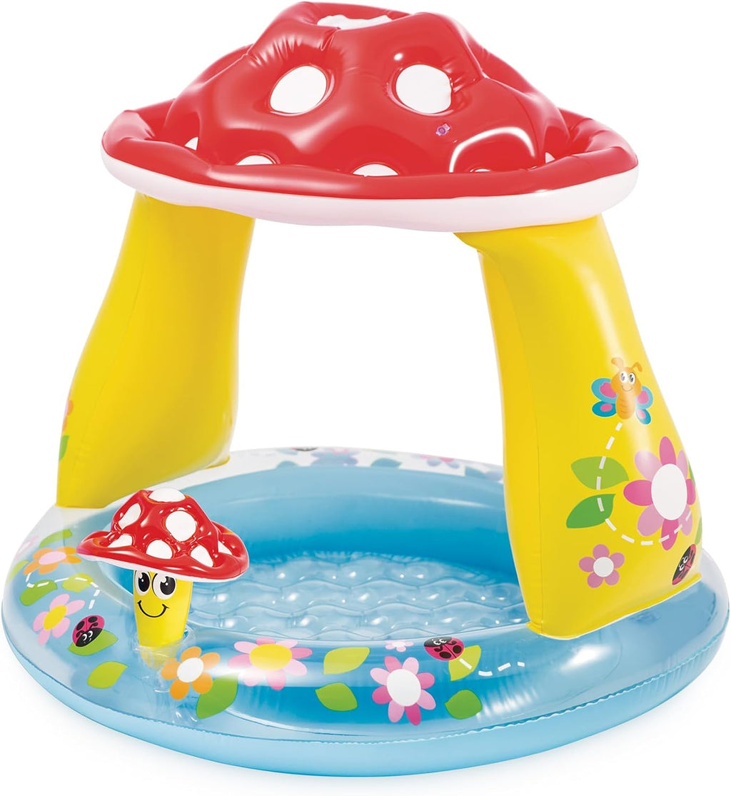 INTEX 57114EP Mushroom Baby Pool: Built-In Mushroom Shade – Soft Inflatable Floor – Durable Vinyl – Ages 1-3 – 40" x 35"