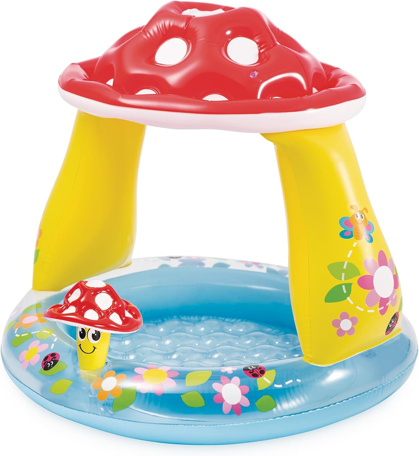 INTEX 57114EP Mushroom Baby Pool: Built-In Mushroom Shade – Soft Inflatable Floor – Durable Vinyl – Ages 1-3 – 40" x 35"