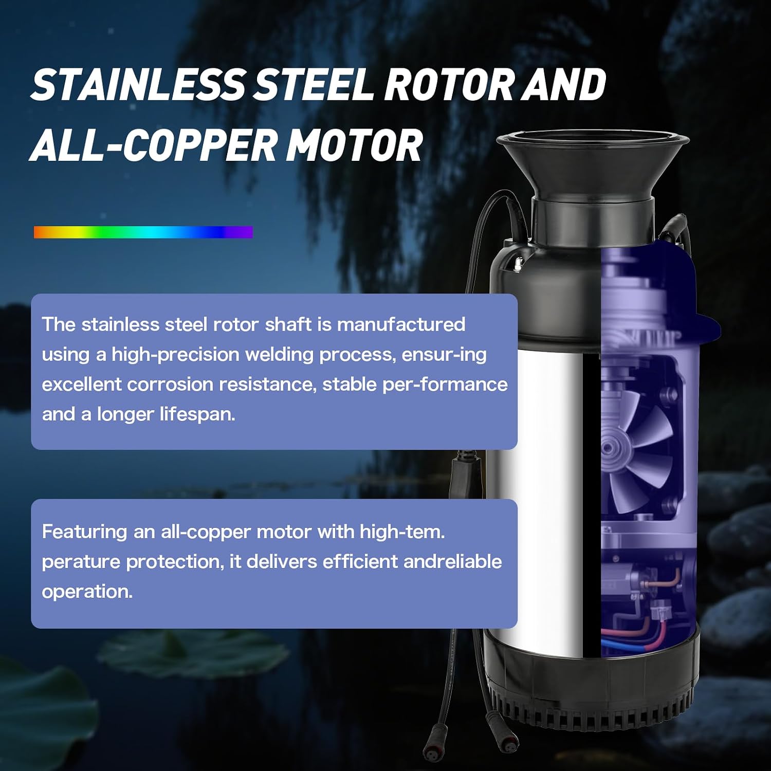 Premium LED Pond Fountain with RGB Lighting System, Stainless Steel Rotor, All-Copper Motor, Remote Control, Dynamic Color Changing, for Garden Ponds (Two Lights)