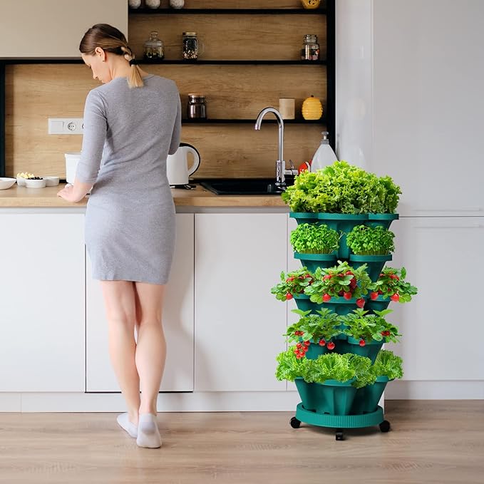 Strawberry Vertical Planters Tower Garden 3 Pack, 7 Tiered Stacking Herb Vegetable Planter with Support Pole Indoor and Outdoor - Hunter Green