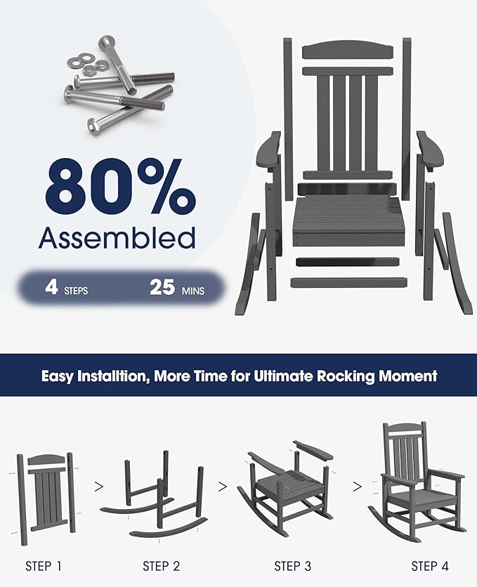 KINGYES Oversized Outdoor Rocking Chair Set of 2, HDPE Patio Rocking Chairs for Adults,Gray
