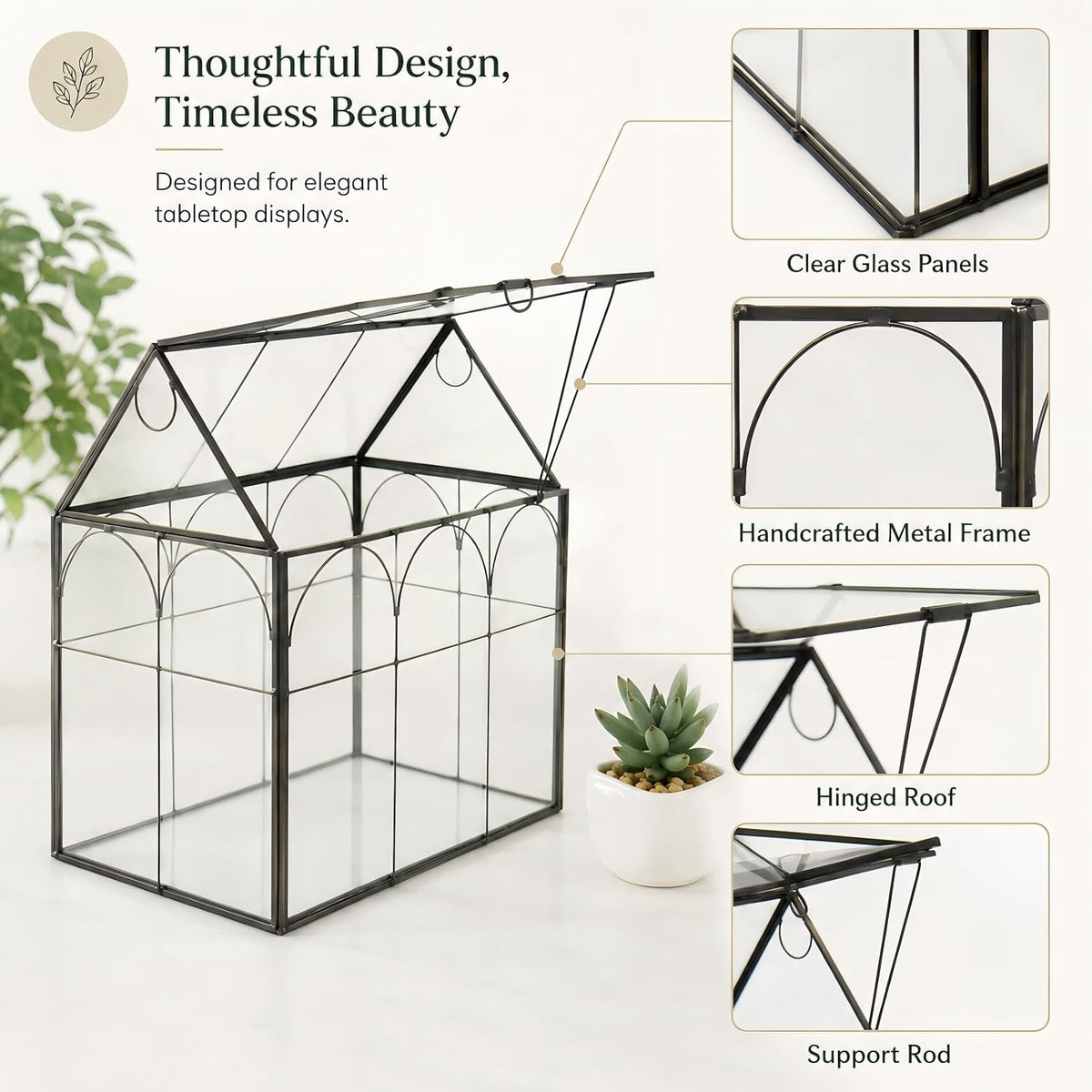 large tall plant greenhouse terrarium glass with lid, front angle view