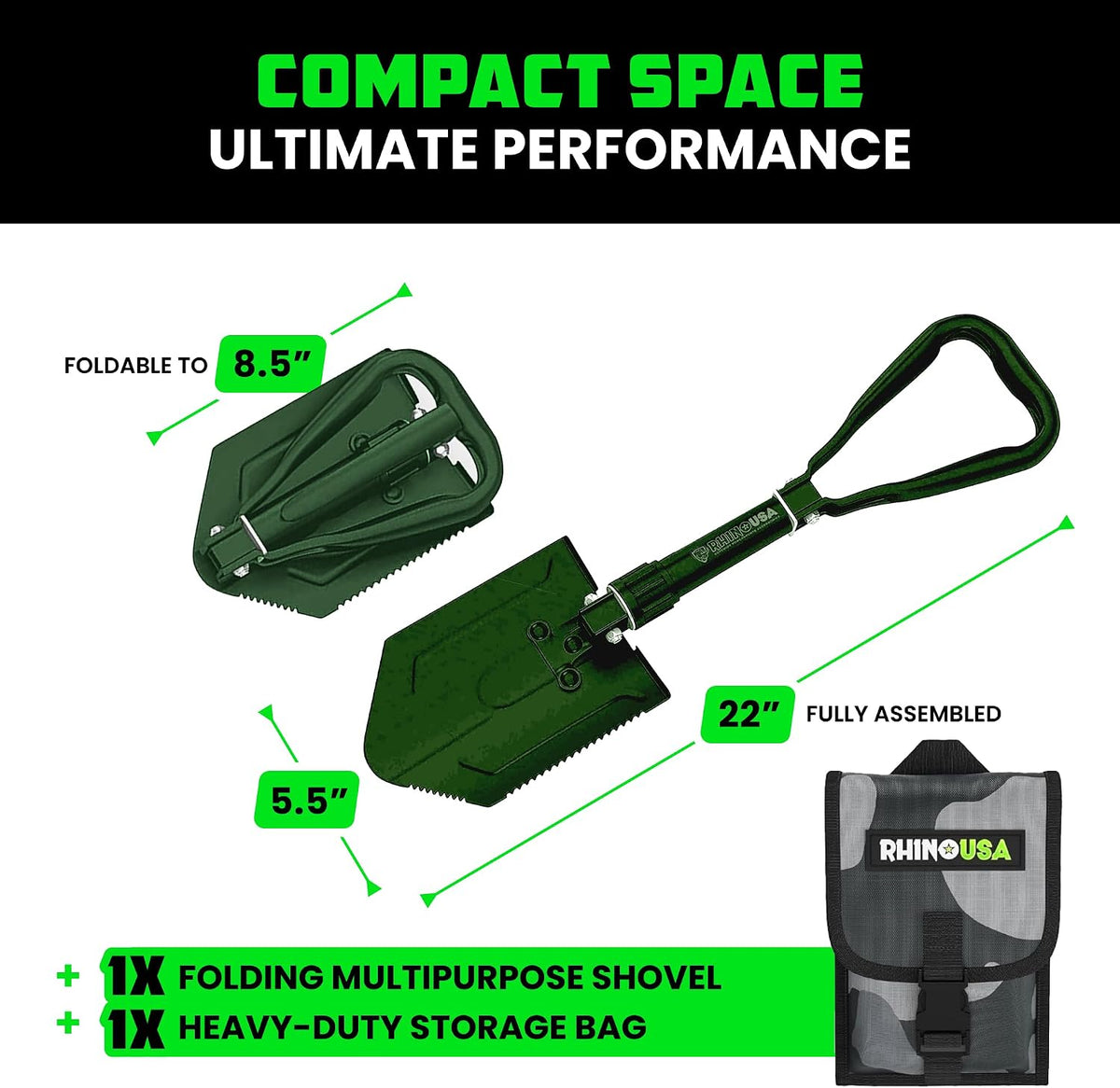 rhino usa folding survival shovel with pick showing dimensions