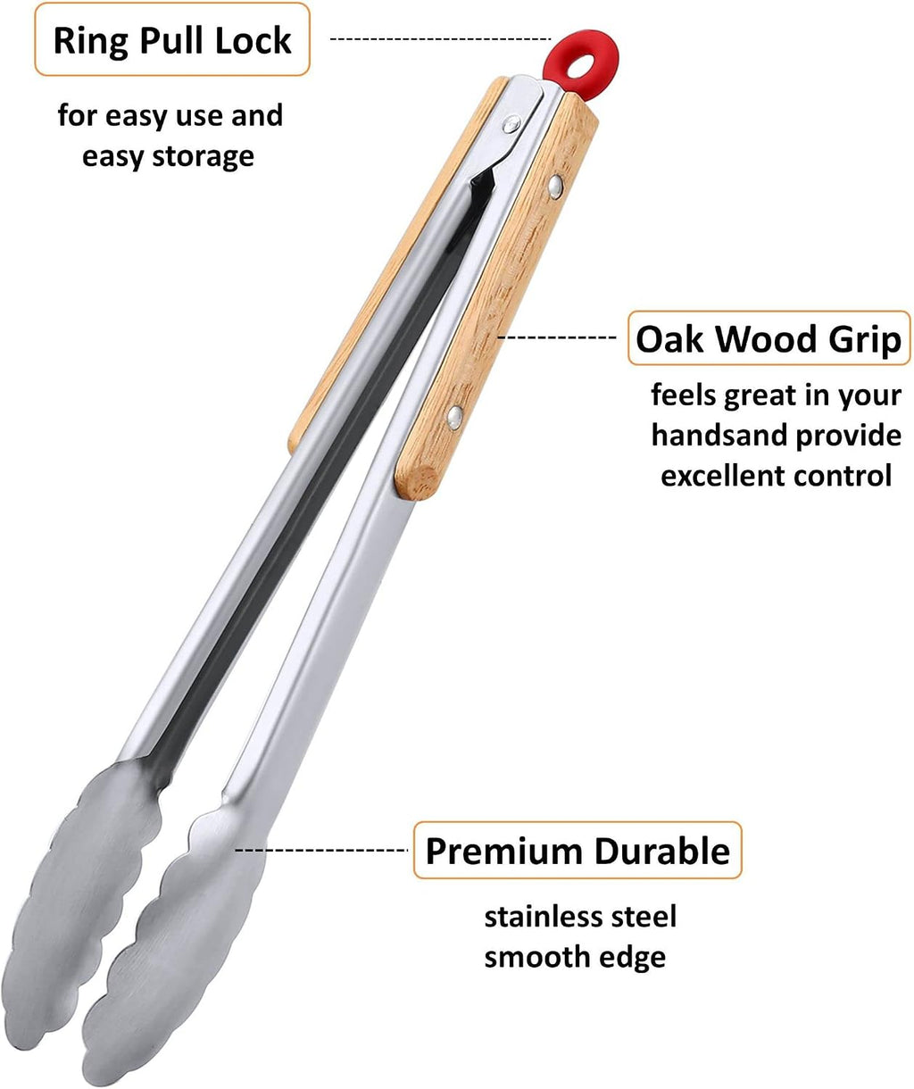 Stainless Steel Kitchen Tongs Set of 2-9" and 12",Locking Metal Food Tongs with Acacia Wood Grips,Barbecue Tongs for Pans and BBQ