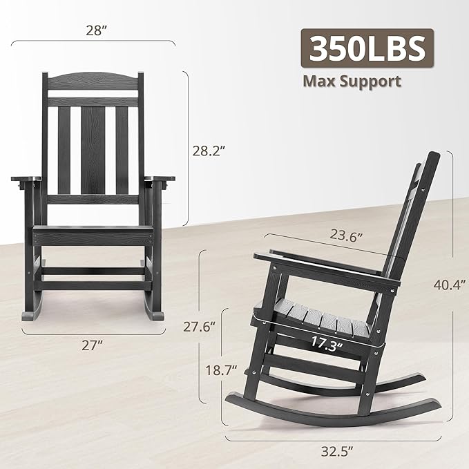 LUE BONA Outdoor Rocking Chairs Set of 2, Weather Resistant HDPS Poly Rocker Chairs, 350lb Heavy Duty, Oversized Porch Rocker for Adult, High Back Smooth Rocking Chairs for Outdoor & Indoor, Gray
