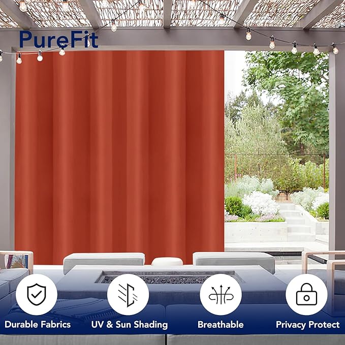 PureFit Outdoor Curtains for Patio Waterproof Weatherproof, UV Resistant Outside Curtains for Gazebo, Front Porch, Pergola, Sun Blocking Privacy Curtain, 100W x 95L inch, 1 Panel, Red Clay