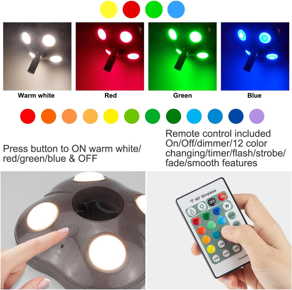 BIGMONAT Patio Umbrella Light Battery Operated, Outdoor Table Umbrella Lights with Remote and Timer, Color Changing Pole Light, Wireless Tent Lights for Camping, Brightness Dimmable, 250 Lumens