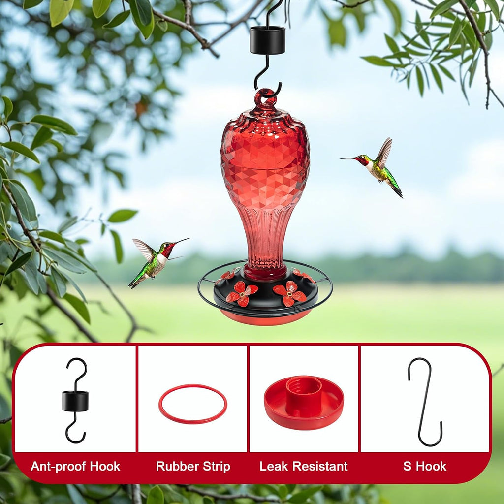 Glass Hummingbird Feeder, Red, 20 OZ | Hand-blown hummingbird feeder for outdoor hanging, reflective fish-scale design, leak-proof seal, ant moat, garden decor