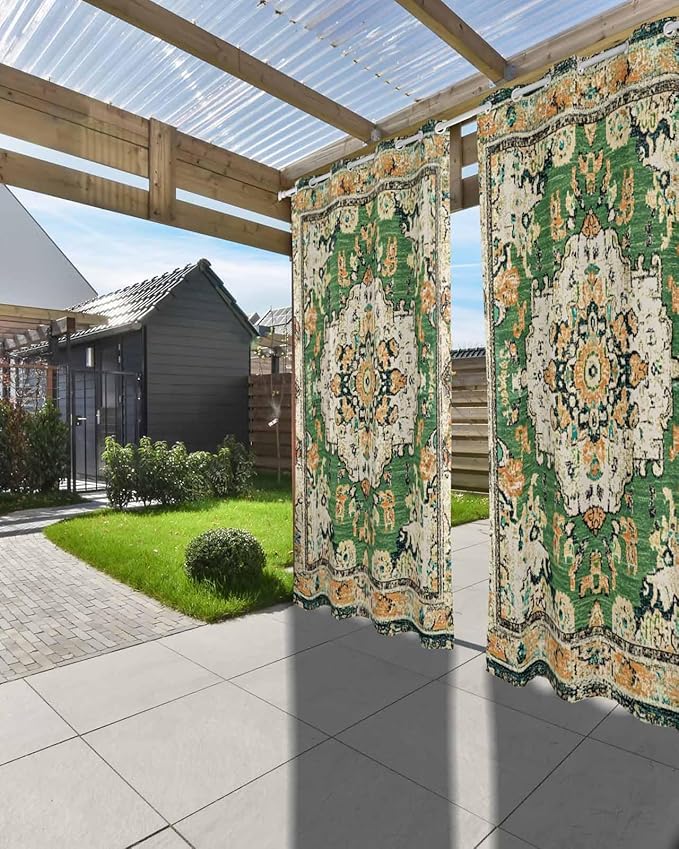 Ombre Green Boho Outdoor Curtains for Patio Waterproof, Grommet Privacy Curtain Drapes Weatherproof Outside Curtains for Porch GazeboPergola Cabana 1 Panel 54x108inch Vintage Ethnic Tribal Geometric