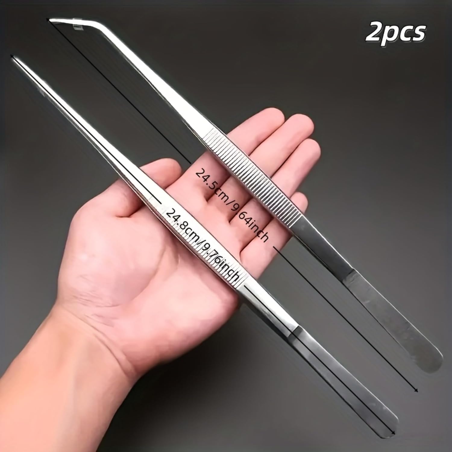 2 Pack Long Stainless Steel Tweezers Set, Heavy Duty Straight & Curved Tongs with Serrated Tips, Multi-Purpose Extended Tweezers for Bonsai Care, Aquarium Aquascaping, Terrarium and Crafting