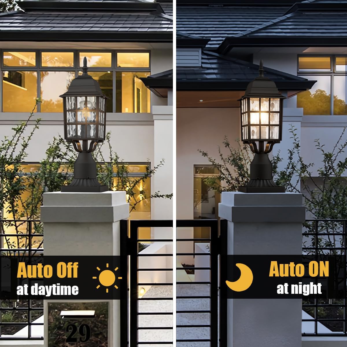 2-Pack Dusk to Dawn Outdoor Post Light, Black | Lamp Post Light Fixture, Water Ripple Glass, Pier Mount Base, Exterior Pole Lantern Light for Yard Patio Pathway