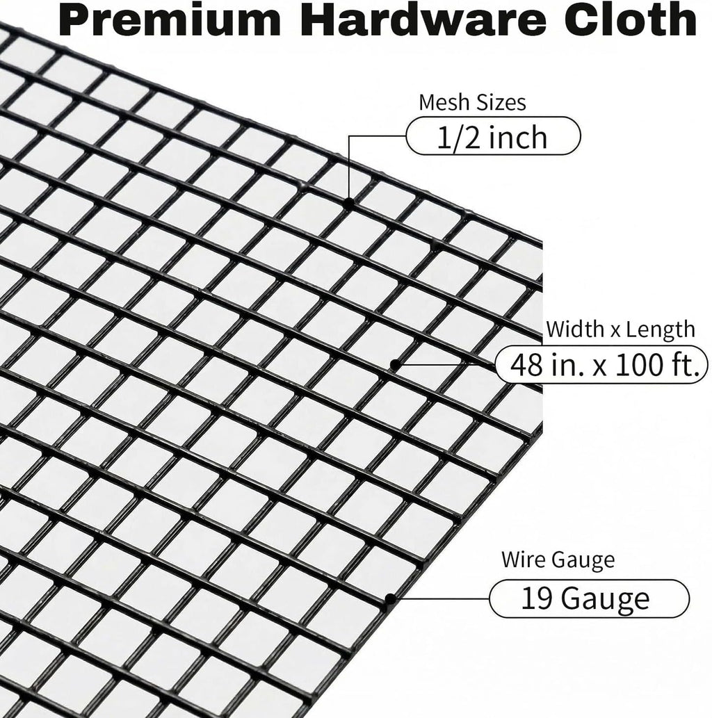 Black Hardware Cloth 1/2 in. x 4 ft. x 100 ft. 19-Gauge | Vinyl Coated Chicken Wire Mesh Roll, Chicken Wire Fencing, Garden Fencing, Rat Wire, Gopher Mesh