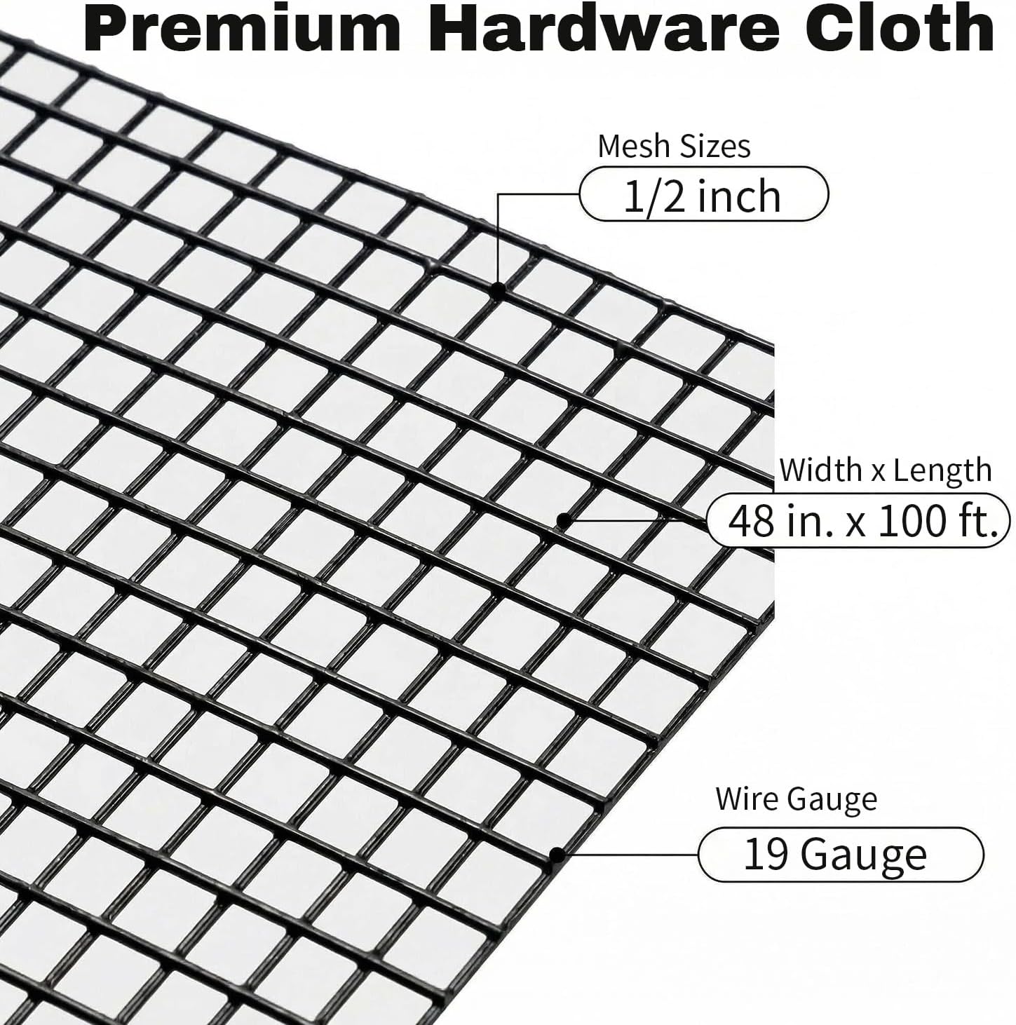 Black Hardware Cloth 1/2 in. x 4 ft. x 100 ft. 19-Gauge | Vinyl Coated Chicken Wire Mesh Roll, Chicken Wire Fencing, Garden Fencing, Rat Wire, Gopher Mesh