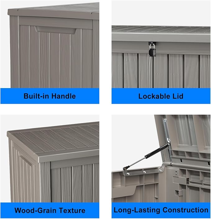 180 Gallon Outdoor Deck Box, Lockable Waterproof Outdoor Storage Boxes For Garden Tools,Indoor Cushions,Accessories Outside Storage Resin Weatherproof Container(Grey)