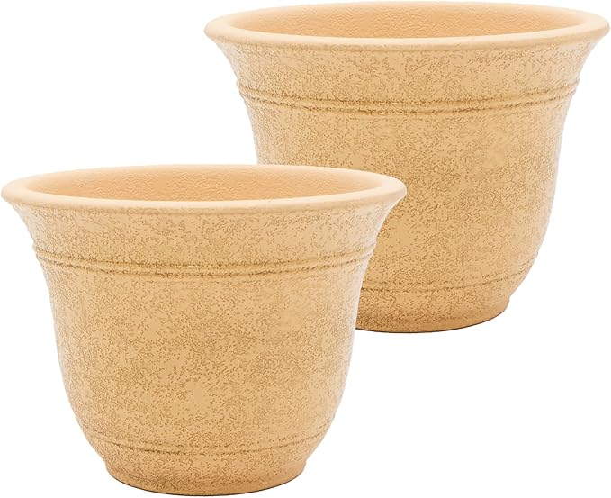 The HC Companies Sierra Round Self-Watering Pot - Lightweight Plastic Planter for Herbs & More - Durable Plant Pots for Indoor Plants & Outdoor Plants (13” Arizona Sand, Pack of 2)