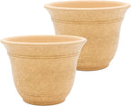 The HC Companies Sierra Round Self-Watering Pot - Lightweight Plastic Planter for Herbs & More - Durable Plant Pots for Indoor Plants & Outdoor Plants (13” Arizona Sand, Pack of 2)
