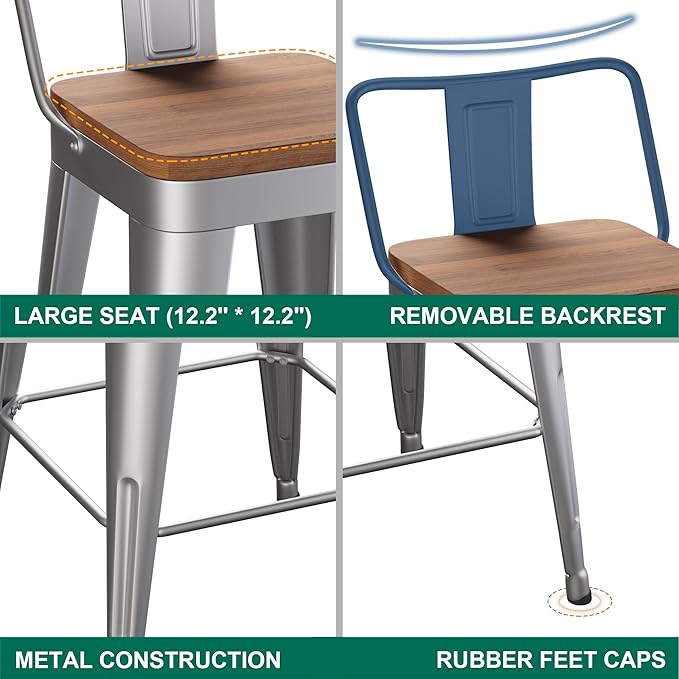 WENTMENT Bar Stools Set of 4 Counter Height Stools with Removable Back 30" Kitchen Bar Stools with Wooden Seat, Silver