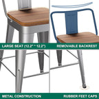 WENTMENT Bar Stools Set of 4 Counter Height Stools with Removable Back 24" Kitchen Bar Stools with Wooden Seat, Silver