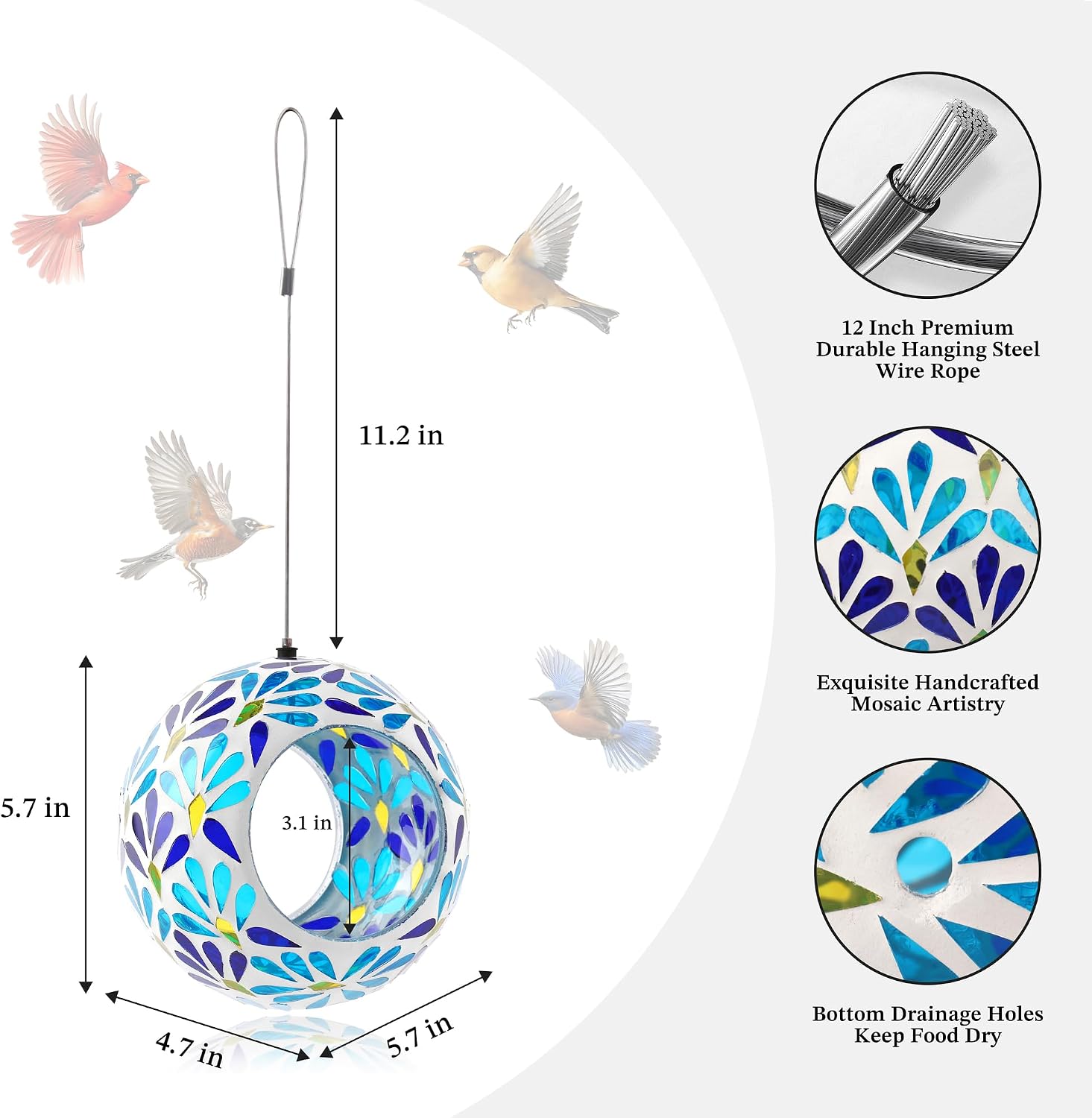 VOREEN Mosaic Glass Bird Feeder, Handcrafted Hanging Fly-Through Feeder for Outdoor Garden & Backyard, Decorative Wild Bird Feeder with Steel Wire Cable – Cool Blue Leaf Mosaic Style