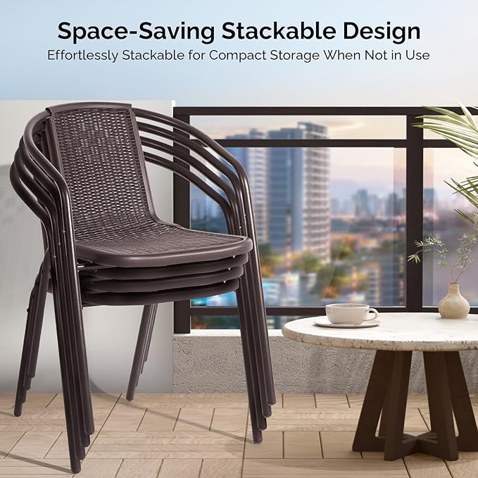 VINGLI PE Rattan Outdoor Dining Chairs Set of 2, Plastic Stackable Patio Chairs for Indoor, Porch, Restaurant, Garden, Brown