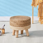 Cpintltr Foot Stool Natural Seagrass Hand Weave Poufs Round Ottoman for Couch Desk Soft Step Stool Padded Foot Rest with Non-Skid Pine Legs for Hallway Office Lounge Natural/White