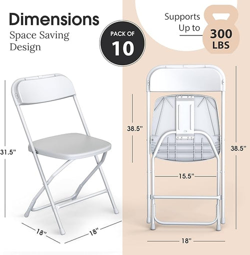 10 Pack Foldable Plastic Chair | Folding & Stackable | 350 lbs Capacity Steel Frame Seats for Indoor Outdoor | Commercial Use Events Wedding Party Bulk Picnic Kitchen Dining - White