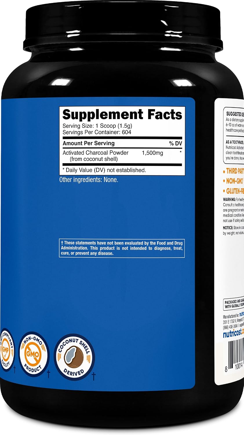 nutricost activated charcoal powder 2lbs, food grade powder showing dimensions
