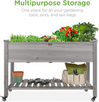 Best Choice Products Raised Garden Bed 48x24x32-inch Mobile Elevated Wood Planter w/Lockable Wheels, Storage Shelf, Protective Liner - Gray