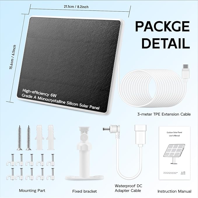 Solar Panel for Ring Camera, 2 Pack 6W Solar Charger Compatible with Rings Spotlight Cam/Plus/Pro/Rings Stick Up Cam Batterys, 10ft Long Cable with USB-C to Ring Barrel Plug Adapter