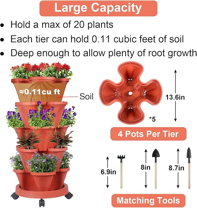 GameXcel Vertical Planter 5 Tier Stackable Planters Garden Planters Strawberry Herb Flower and Vegetable Planter Indoor Outdoor Gardening Pots with Removable Wheels and Tools - Red