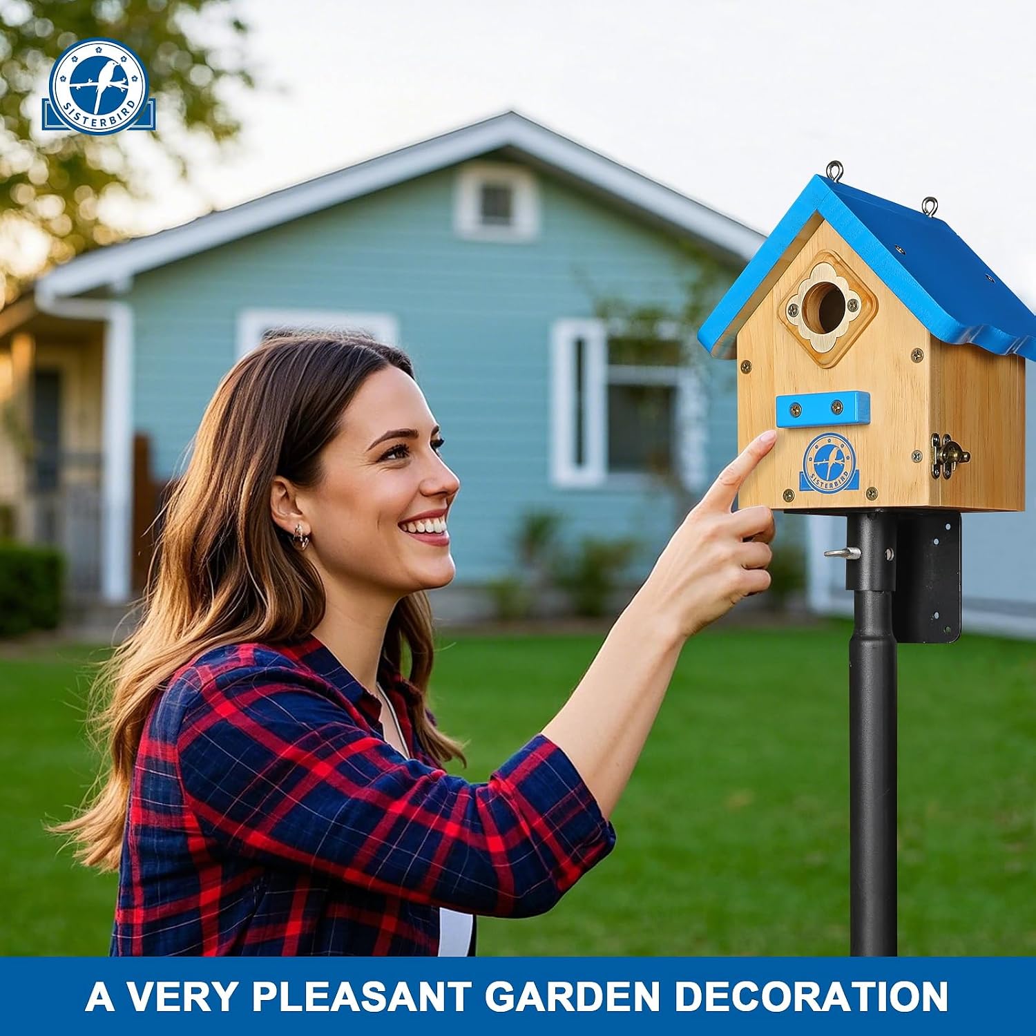 SISTERBIRD Birdhouses for Outdoors, Blue Hanging Wren House, Warming Gifts | Premium Wooden Bird Houses for Outside, Classic Cabin Design Wooden Bird House Red-Breasted Nuthatch Wren Chickadee