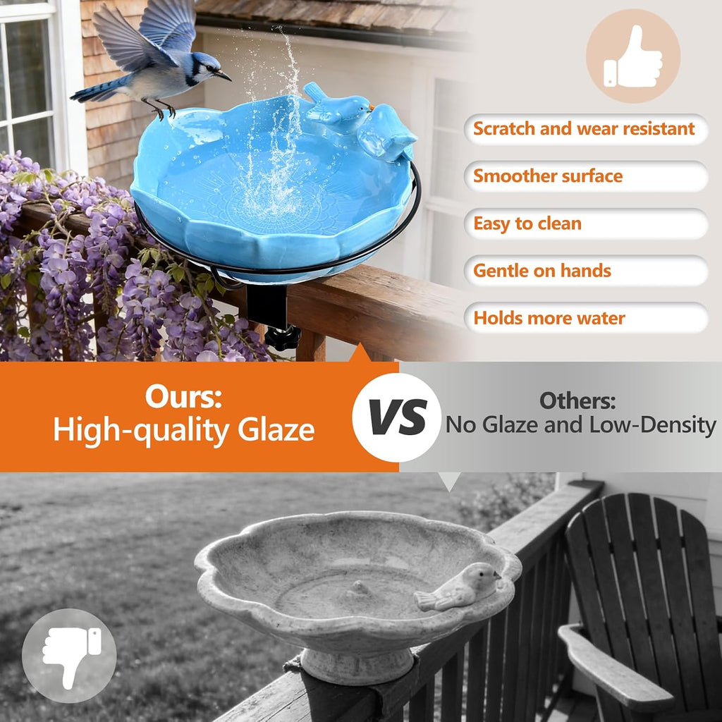 Glazed Ceramic Bird Bath for Deck Railing, 11 Inch Outdoor Deck Mounted Bird Baths Feeder Bowl with Adjustable Clamp, Easy Install Balcony Patio Birdbath for Outside Backyard Decoration, Blue
