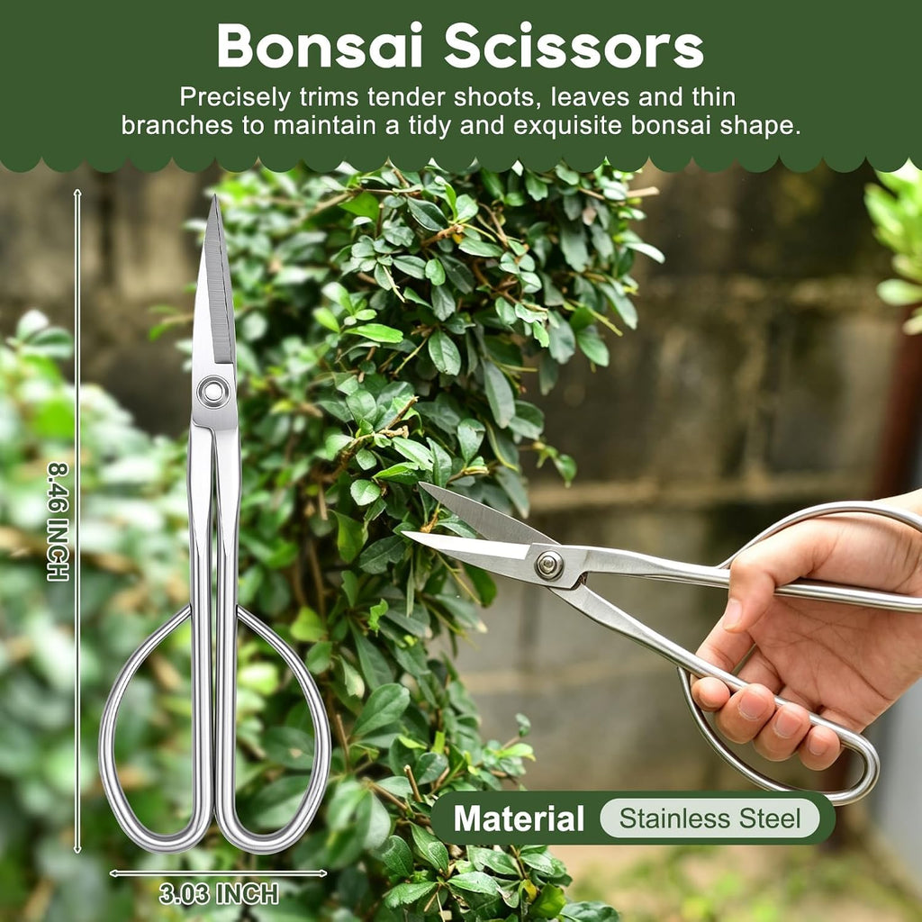 11-piece bonsai tool set with storage bag, 7 on a desk or shelf