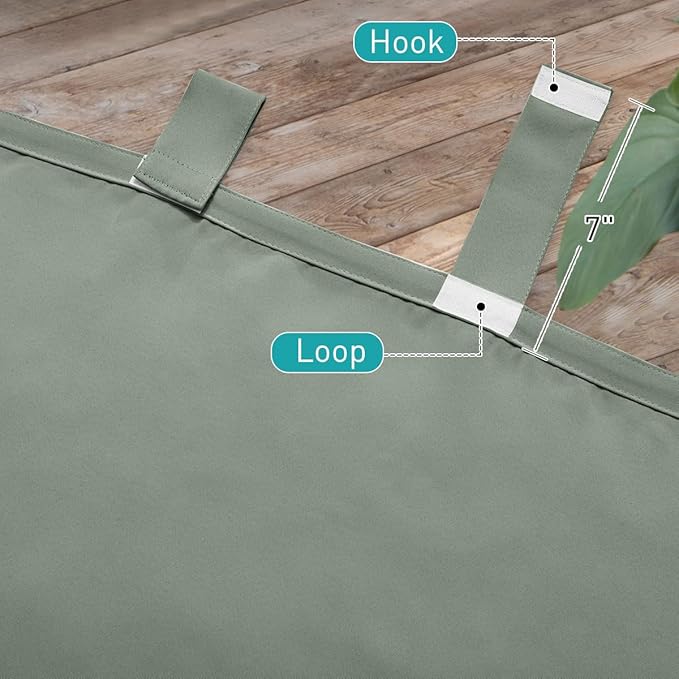 NICETOWN 2 Panels Outdoor Sage Green Curtainss Waterproof for Patio, Detachable Sticky Tab Top Weighted Blackout Sun & Rain Block Window Treatment, Privacy for Gazebo/Porch, W52 x L84