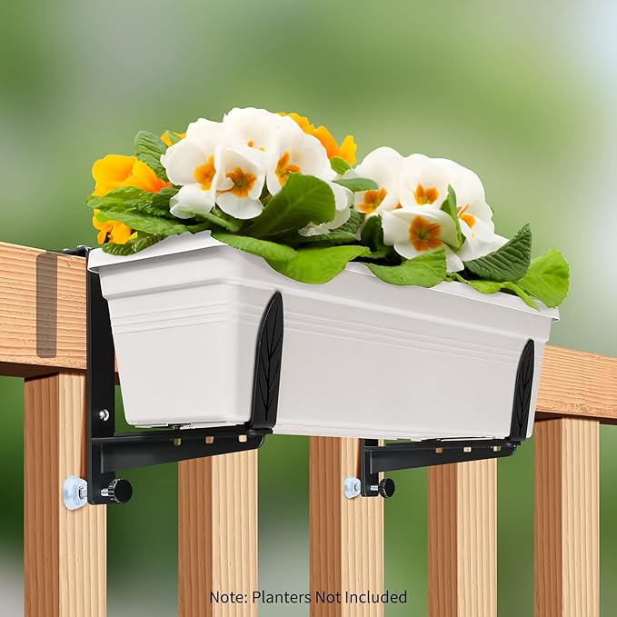 Window Box Brackets, Adjustable Planter Box Brackets, Heavy Duty Iron Flower Box Bracket for Deck Railing with Upgraded Bottom Support - Ideal for Balconies, Fences, and Gardens (4 Pack)