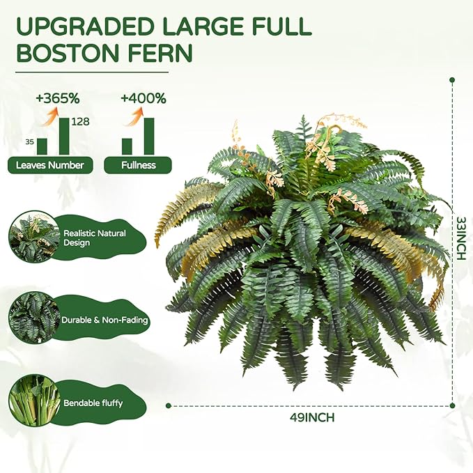 Large Autumn 88 Leaves Artificial Ferns for Outdoors Look Real, Fake Large Faux Boston Ferns for Outdoor Planter Realistic UV Resistant Artificial Fake Plants for Porch Patio Hanging 47 inch