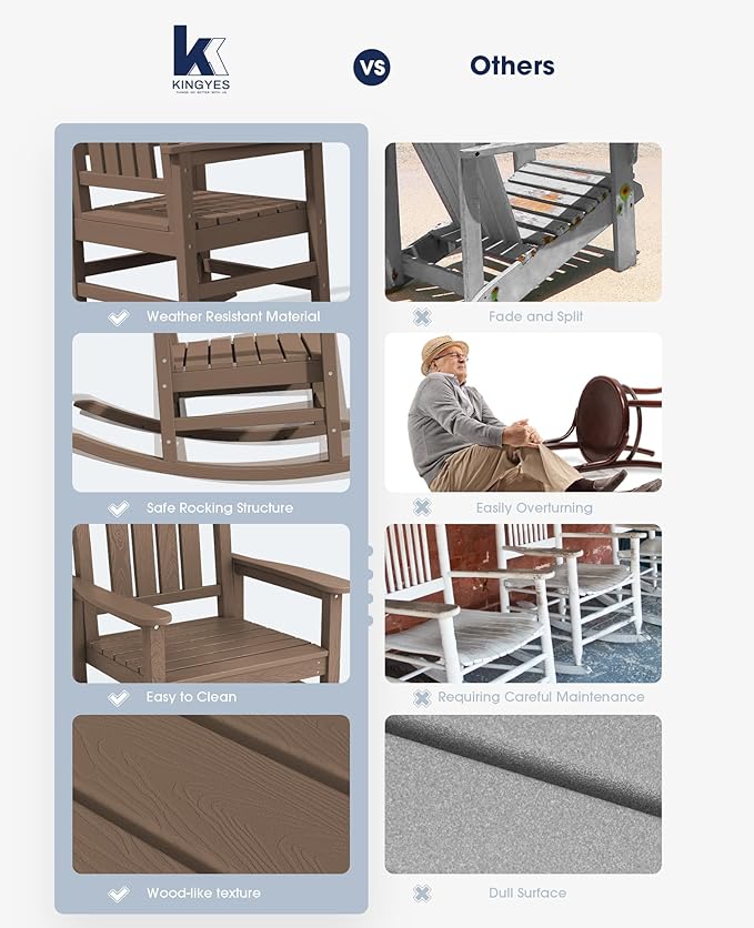 KINGYES HDPE Outdoor Rocking Chair Set of 4, Widened Seat Patio Rocking Chair, Oversized All Weather Patio Rocker, Brown