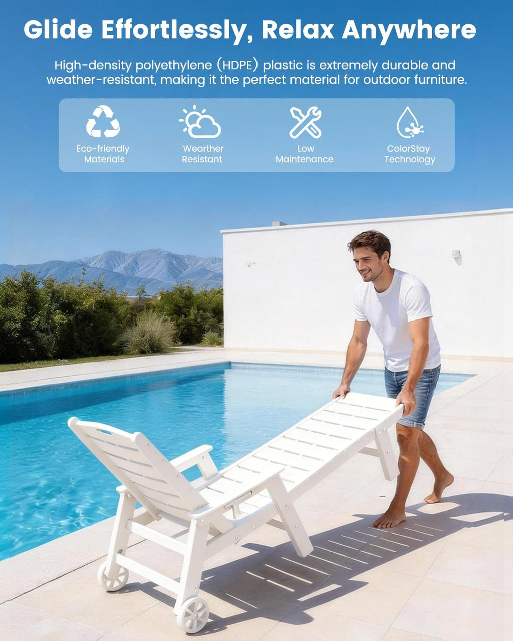 Chaise Lounge Chair, HDPE Lounge Chair Outdoor with 5 Positions, Oversized Pool Lounge Chairs with Rolling Wheels & Cup Holder for Poolside Deck Backyard, White
