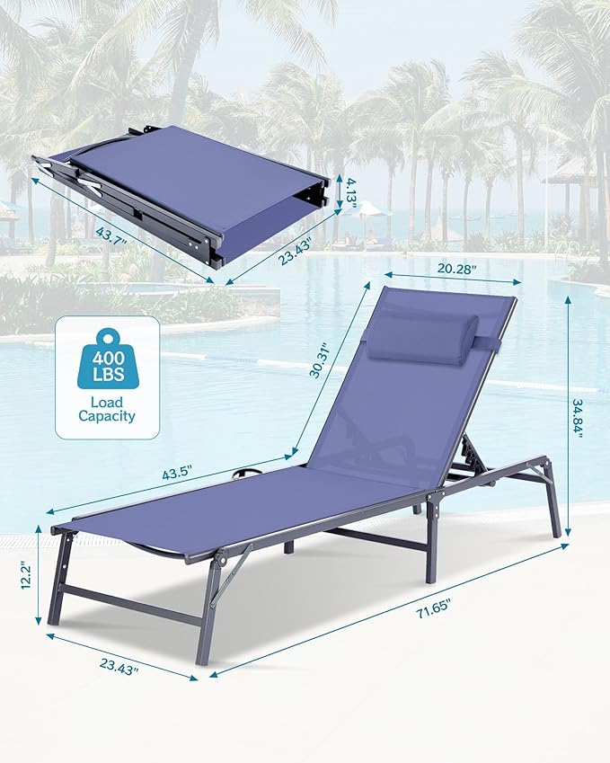 2 Pack Foldable Chaise Lounge Chair with Cup Holder, Assemble-Free Outdoor Lounge Chair with Detachable Pillow and 6 Adjustable Backrest, Patio Lounge Chair for Outside Poolside Beach Pool, Blue