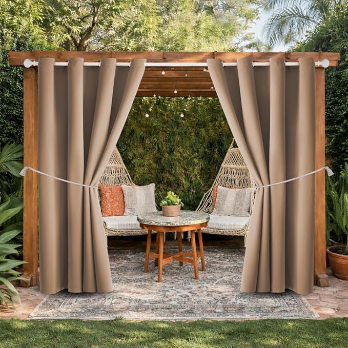 Waterproof Outdoor Curtain W52 x L63 - Grommet Top Sunlight Blocking Window Treatment Drapes Blackout Curtains for Home Bedroom Living Room Outdoor Patio Porch Pergola (Camel Brown, 2 Panels)