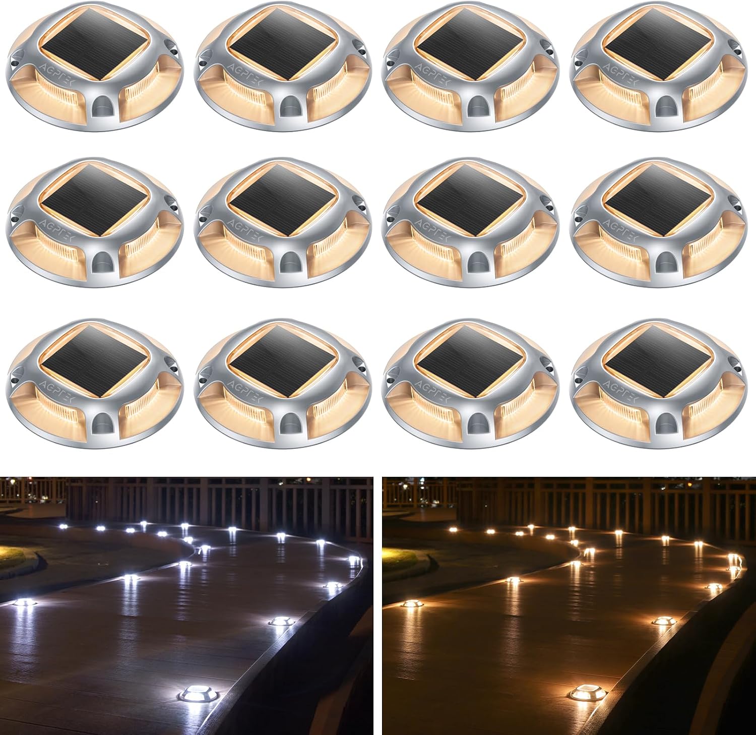AGPTEK Solar Driveway Lights Outdoor 12 Pack, 2 Color Modes LED Deck Dock | Marine Waterproof Driveway Marker Lights for Step Sidewalk Stair Garden Pathway Walkway Yard (Warm White/Cool White)